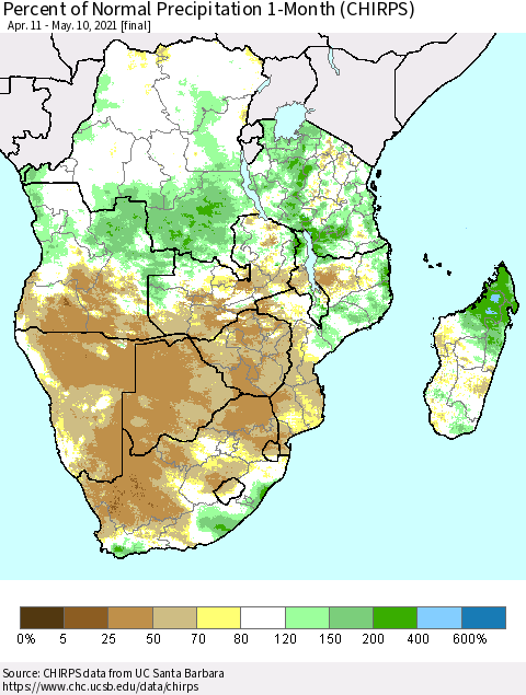 Southern Africa Percent of Normal Precipitation 1-Month (CHIRPS) Thematic Map For 4/11/2021 - 5/10/2021