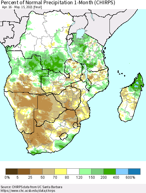 Southern Africa Percent of Normal Precipitation 1-Month (CHIRPS) Thematic Map For 4/16/2021 - 5/15/2021