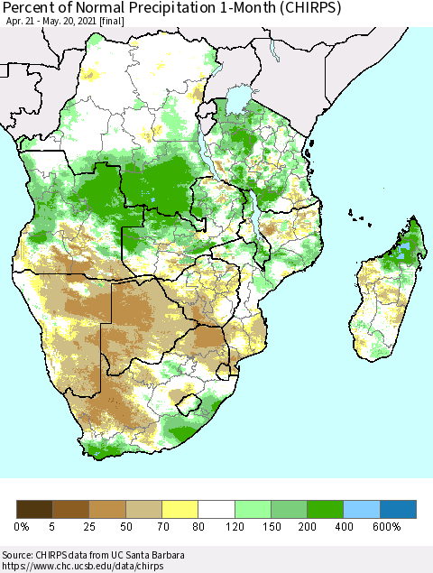 Southern Africa Percent of Normal Precipitation 1-Month (CHIRPS) Thematic Map For 4/21/2021 - 5/20/2021