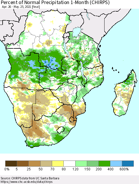 Southern Africa Percent of Normal Precipitation 1-Month (CHIRPS) Thematic Map For 4/26/2021 - 5/25/2021