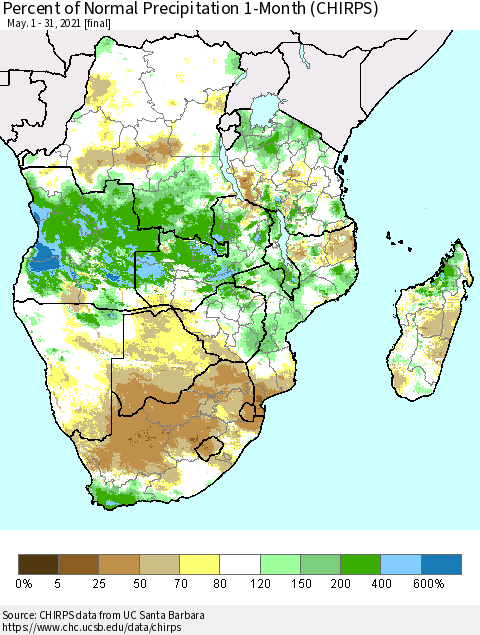 Southern Africa Percent of Normal Precipitation 1-Month (CHIRPS) Thematic Map For 5/1/2021 - 5/31/2021