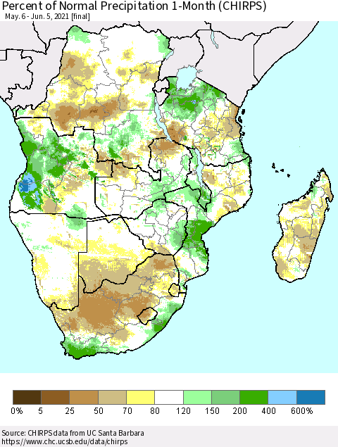 Southern Africa Percent of Normal Precipitation 1-Month (CHIRPS) Thematic Map For 5/6/2021 - 6/5/2021
