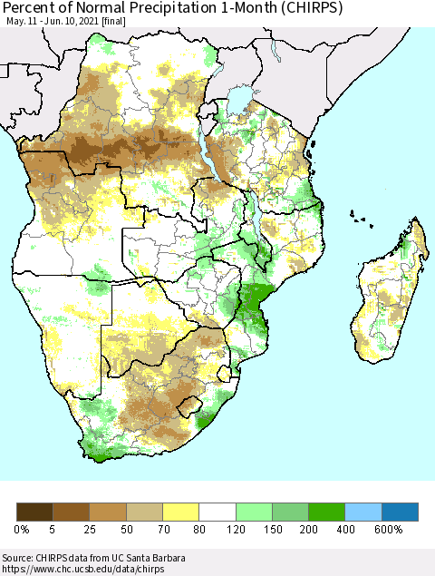 Southern Africa Percent of Normal Precipitation 1-Month (CHIRPS) Thematic Map For 5/11/2021 - 6/10/2021
