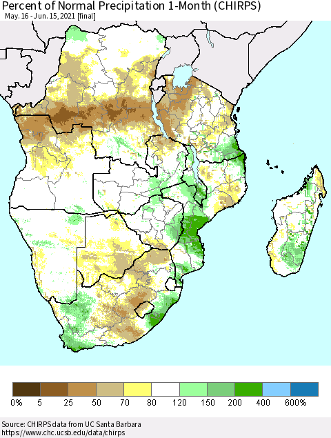 Southern Africa Percent of Normal Precipitation 1-Month (CHIRPS) Thematic Map For 5/16/2021 - 6/15/2021