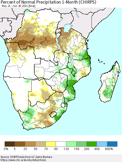 Southern Africa Percent of Normal Precipitation 1-Month (CHIRPS) Thematic Map For 5/21/2021 - 6/20/2021