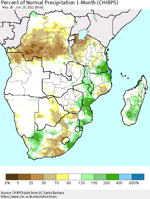 Southern Africa Percent of Normal Precipitation 1-Month (CHIRPS) Thematic Map For 5/26/2021 - 6/25/2021
