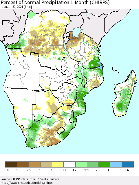 Southern Africa Percent of Normal Precipitation 1-Month (CHIRPS) Thematic Map For 6/1/2021 - 6/30/2021