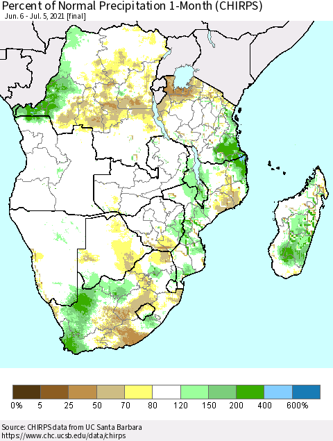 Southern Africa Percent of Normal Precipitation 1-Month (CHIRPS) Thematic Map For 6/6/2021 - 7/5/2021