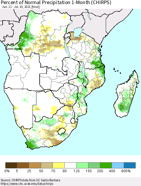 Southern Africa Percent of Normal Precipitation 1-Month (CHIRPS) Thematic Map For 6/11/2021 - 7/10/2021