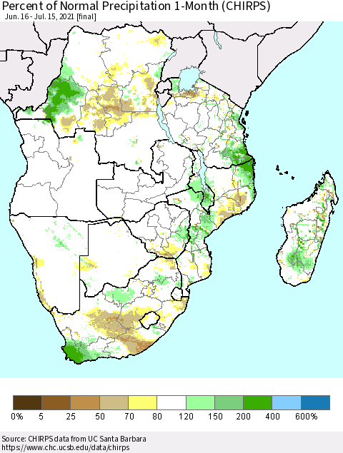 Southern Africa Percent of Normal Precipitation 1-Month (CHIRPS) Thematic Map For 6/16/2021 - 7/15/2021
