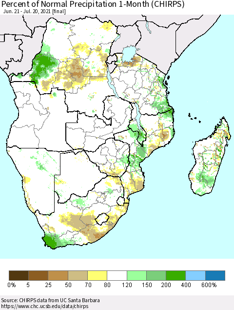 Southern Africa Percent of Normal Precipitation 1-Month (CHIRPS) Thematic Map For 6/21/2021 - 7/20/2021