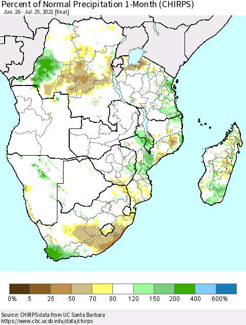 Southern Africa Percent of Normal Precipitation 1-Month (CHIRPS) Thematic Map For 6/26/2021 - 7/25/2021