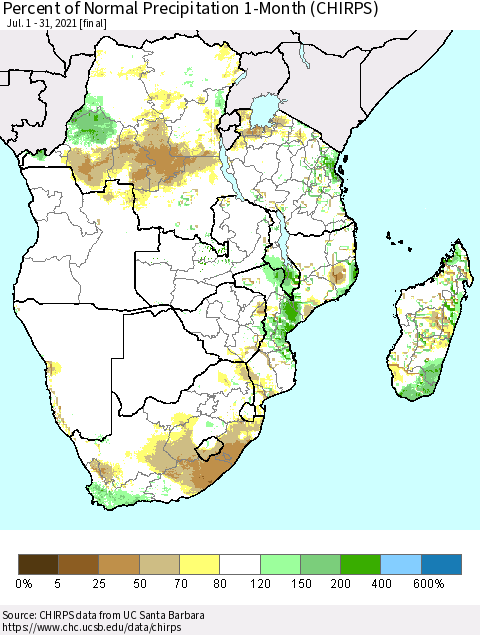 Southern Africa Percent of Normal Precipitation 1-Month (CHIRPS) Thematic Map For 7/1/2021 - 7/31/2021