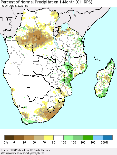 Southern Africa Percent of Normal Precipitation 1-Month (CHIRPS) Thematic Map For 7/6/2021 - 8/5/2021