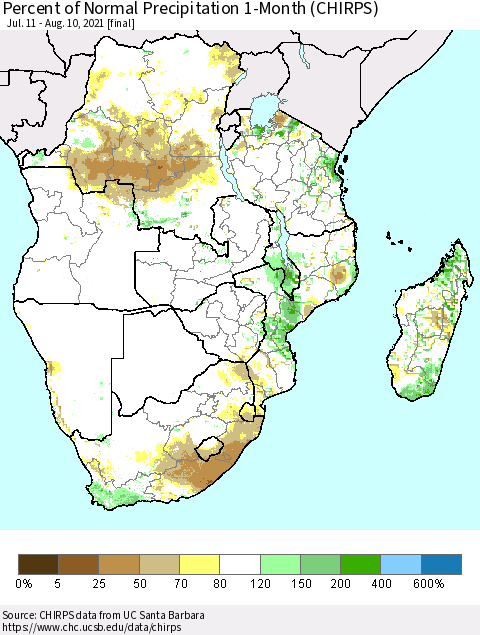 Southern Africa Percent of Normal Precipitation 1-Month (CHIRPS) Thematic Map For 7/11/2021 - 8/10/2021
