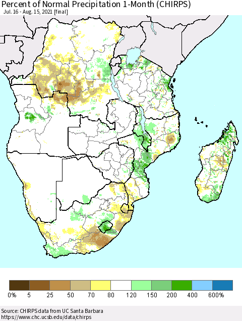 Southern Africa Percent of Normal Precipitation 1-Month (CHIRPS) Thematic Map For 7/16/2021 - 8/15/2021