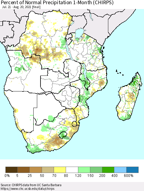 Southern Africa Percent of Normal Precipitation 1-Month (CHIRPS) Thematic Map For 7/21/2021 - 8/20/2021