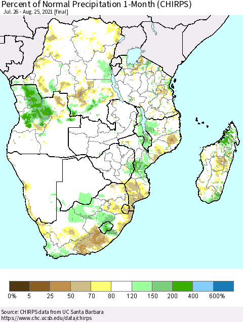 Southern Africa Percent of Normal Precipitation 1-Month (CHIRPS) Thematic Map For 7/26/2021 - 8/25/2021