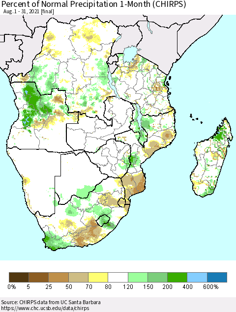 Southern Africa Percent of Normal Precipitation 1-Month (CHIRPS) Thematic Map For 8/1/2021 - 8/31/2021