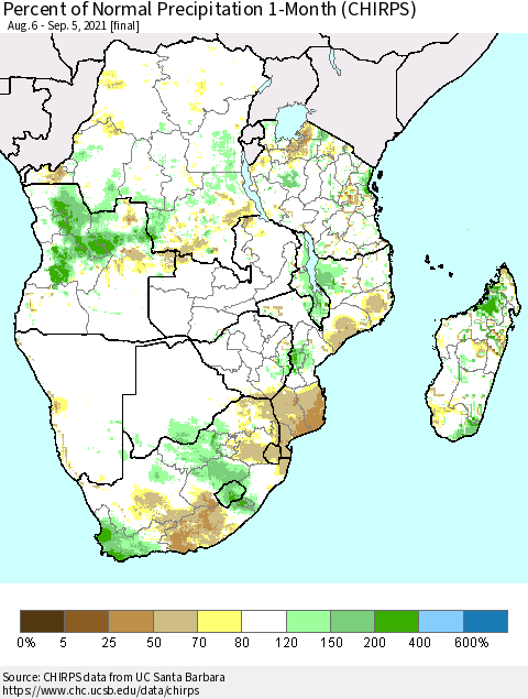 Southern Africa Percent of Normal Precipitation 1-Month (CHIRPS) Thematic Map For 8/6/2021 - 9/5/2021