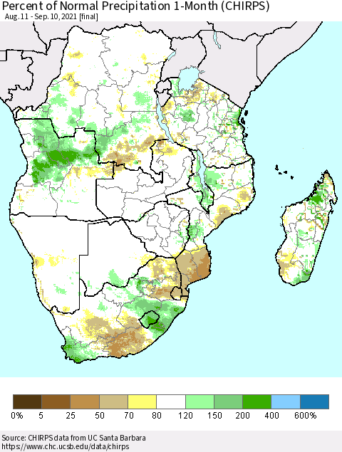 Southern Africa Percent of Normal Precipitation 1-Month (CHIRPS) Thematic Map For 8/11/2021 - 9/10/2021