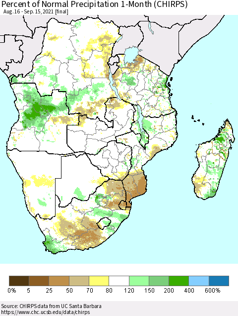 Southern Africa Percent of Normal Precipitation 1-Month (CHIRPS) Thematic Map For 8/16/2021 - 9/15/2021