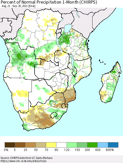 Southern Africa Percent of Normal Precipitation 1-Month (CHIRPS) Thematic Map For 8/21/2021 - 9/20/2021