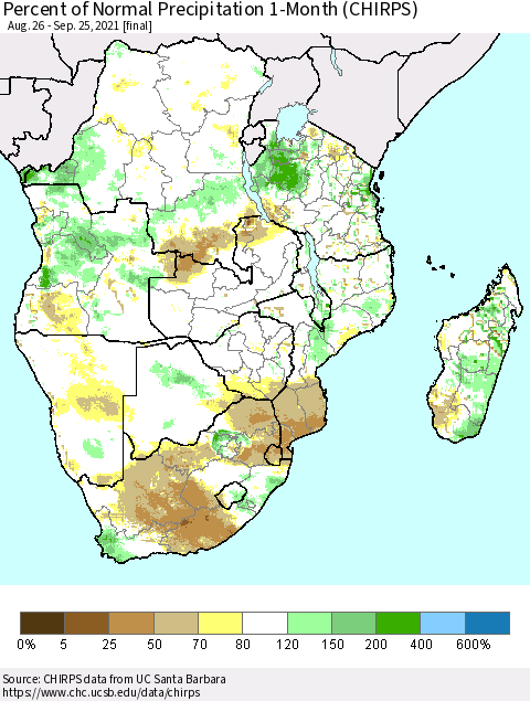 Southern Africa Percent of Normal Precipitation 1-Month (CHIRPS) Thematic Map For 8/26/2021 - 9/25/2021