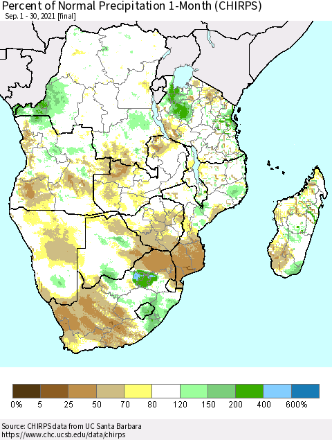 Southern Africa Percent of Normal Precipitation 1-Month (CHIRPS) Thematic Map For 9/1/2021 - 9/30/2021