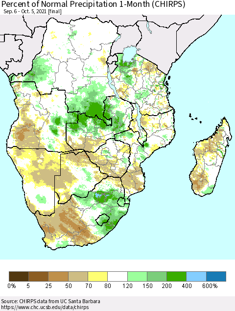 Southern Africa Percent of Normal Precipitation 1-Month (CHIRPS) Thematic Map For 9/6/2021 - 10/5/2021