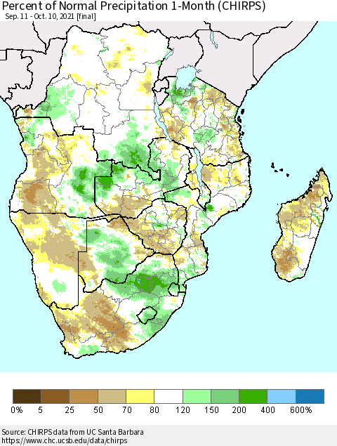 Southern Africa Percent of Normal Precipitation 1-Month (CHIRPS) Thematic Map For 9/11/2021 - 10/10/2021