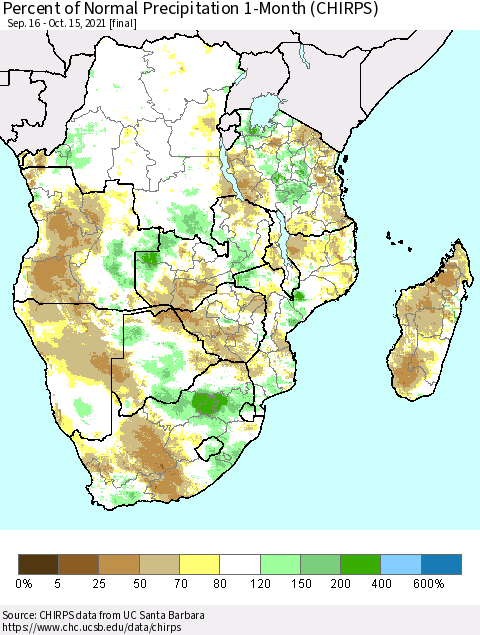Southern Africa Percent of Normal Precipitation 1-Month (CHIRPS) Thematic Map For 9/16/2021 - 10/15/2021