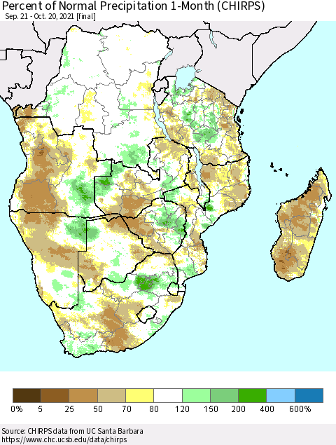 Southern Africa Percent of Normal Precipitation 1-Month (CHIRPS) Thematic Map For 9/21/2021 - 10/20/2021