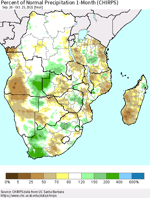 Southern Africa Percent of Normal Precipitation 1-Month (CHIRPS) Thematic Map For 9/26/2021 - 10/25/2021