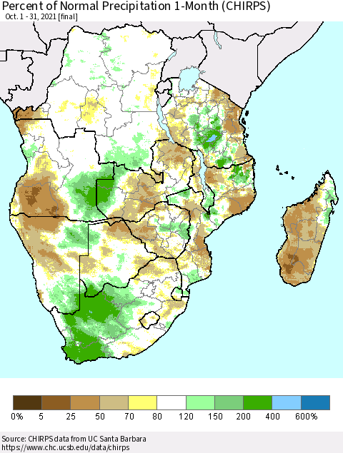 Southern Africa Percent of Normal Precipitation 1-Month (CHIRPS) Thematic Map For 10/1/2021 - 10/31/2021