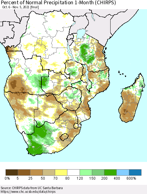Southern Africa Percent of Normal Precipitation 1-Month (CHIRPS) Thematic Map For 10/6/2021 - 11/5/2021