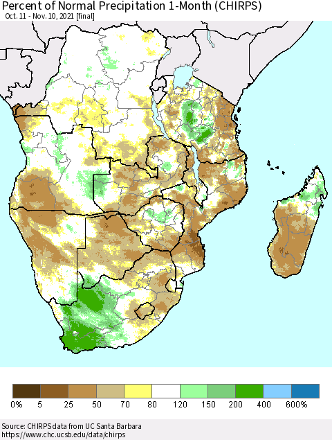 Southern Africa Percent of Normal Precipitation 1-Month (CHIRPS) Thematic Map For 10/11/2021 - 11/10/2021