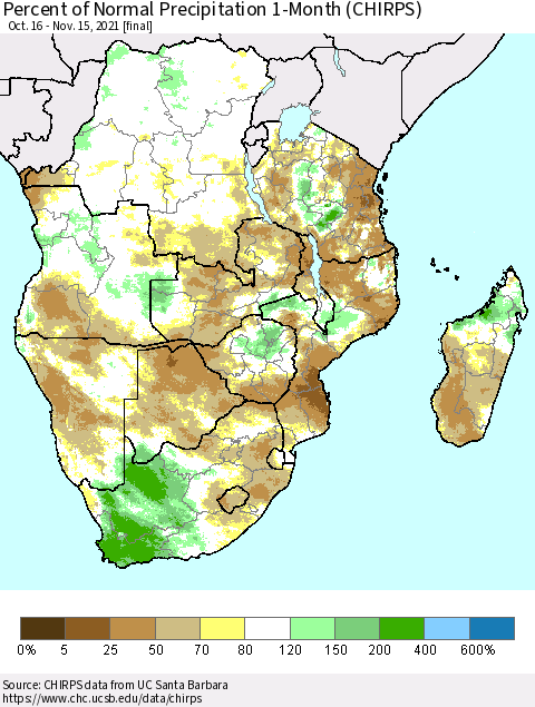 Southern Africa Percent of Normal Precipitation 1-Month (CHIRPS) Thematic Map For 10/16/2021 - 11/15/2021