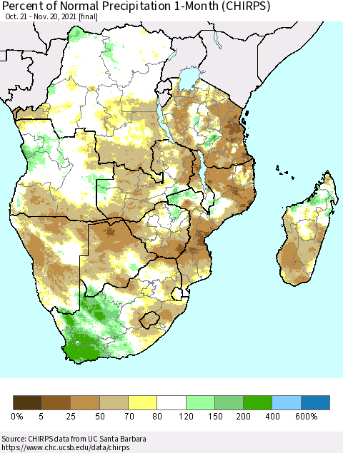 Southern Africa Percent of Normal Precipitation 1-Month (CHIRPS) Thematic Map For 10/21/2021 - 11/20/2021