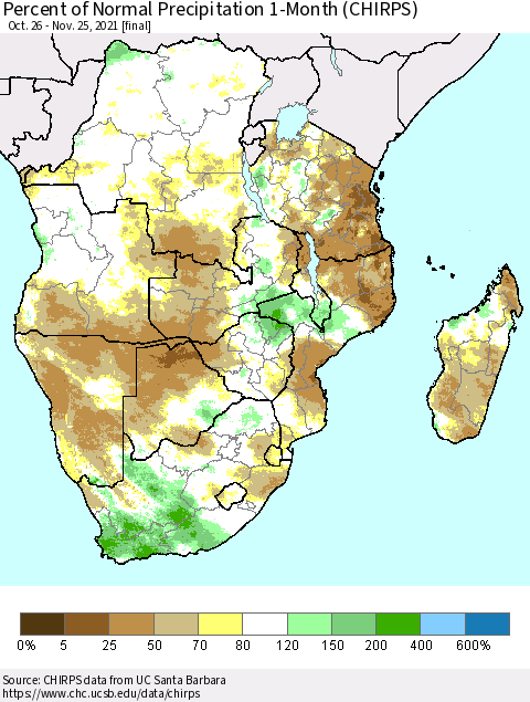 Southern Africa Percent of Normal Precipitation 1-Month (CHIRPS) Thematic Map For 10/26/2021 - 11/25/2021