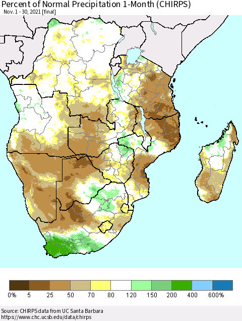 Southern Africa Percent of Normal Precipitation 1-Month (CHIRPS) Thematic Map For 11/1/2021 - 11/30/2021