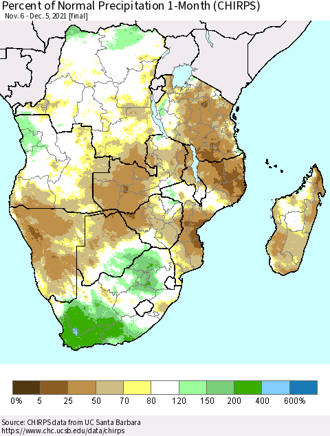 Southern Africa Percent of Normal Precipitation 1-Month (CHIRPS) Thematic Map For 11/6/2021 - 12/5/2021