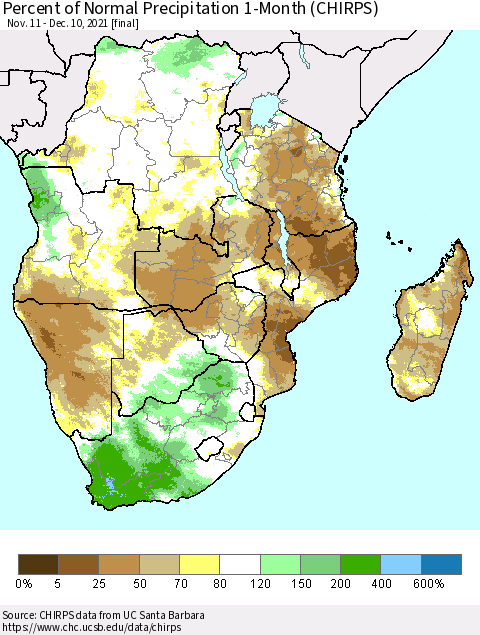Southern Africa Percent of Normal Precipitation 1-Month (CHIRPS) Thematic Map For 11/11/2021 - 12/10/2021