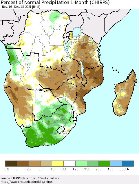 Southern Africa Percent of Normal Precipitation 1-Month (CHIRPS) Thematic Map For 11/16/2021 - 12/15/2021