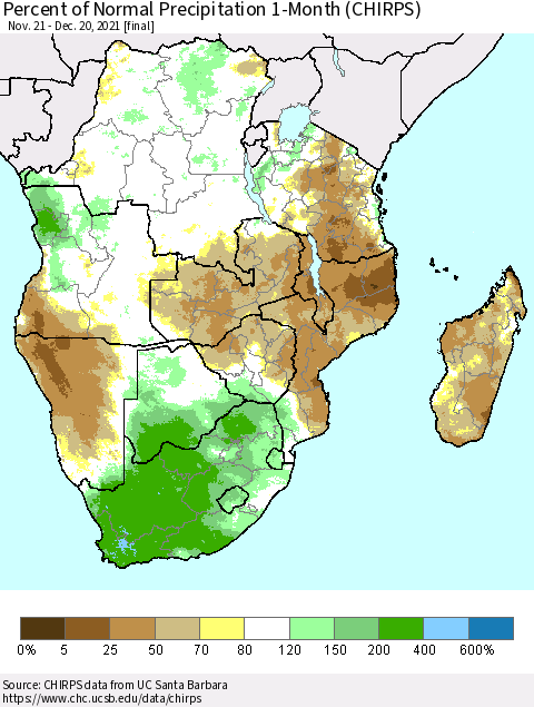 Southern Africa Percent of Normal Precipitation 1-Month (CHIRPS) Thematic Map For 11/21/2021 - 12/20/2021