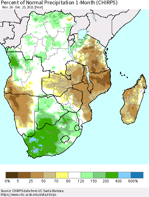 Southern Africa Percent of Normal Precipitation 1-Month (CHIRPS) Thematic Map For 11/26/2021 - 12/25/2021