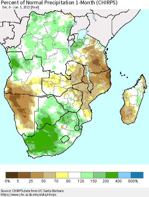 Southern Africa Percent of Normal Precipitation 1-Month (CHIRPS) Thematic Map For 12/6/2021 - 1/5/2022
