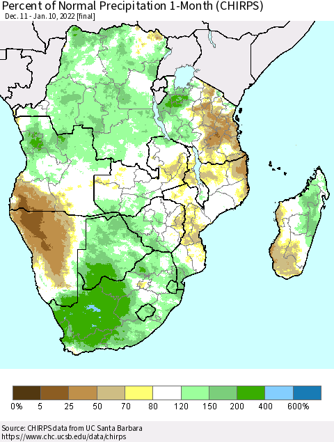 Southern Africa Percent of Normal Precipitation 1-Month (CHIRPS) Thematic Map For 12/11/2021 - 1/10/2022