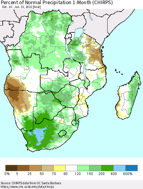 Southern Africa Percent of Normal Precipitation 1-Month (CHIRPS) Thematic Map For 12/16/2021 - 1/15/2022