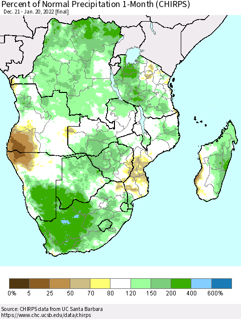 Southern Africa Percent of Normal Precipitation 1-Month (CHIRPS) Thematic Map For 12/21/2021 - 1/20/2022